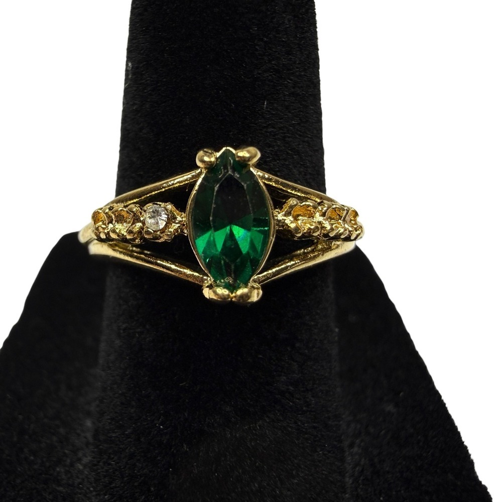 18K GE Gold Plated Green Marquise Cut Glass Ring with Clear Accent Stone Sz 6